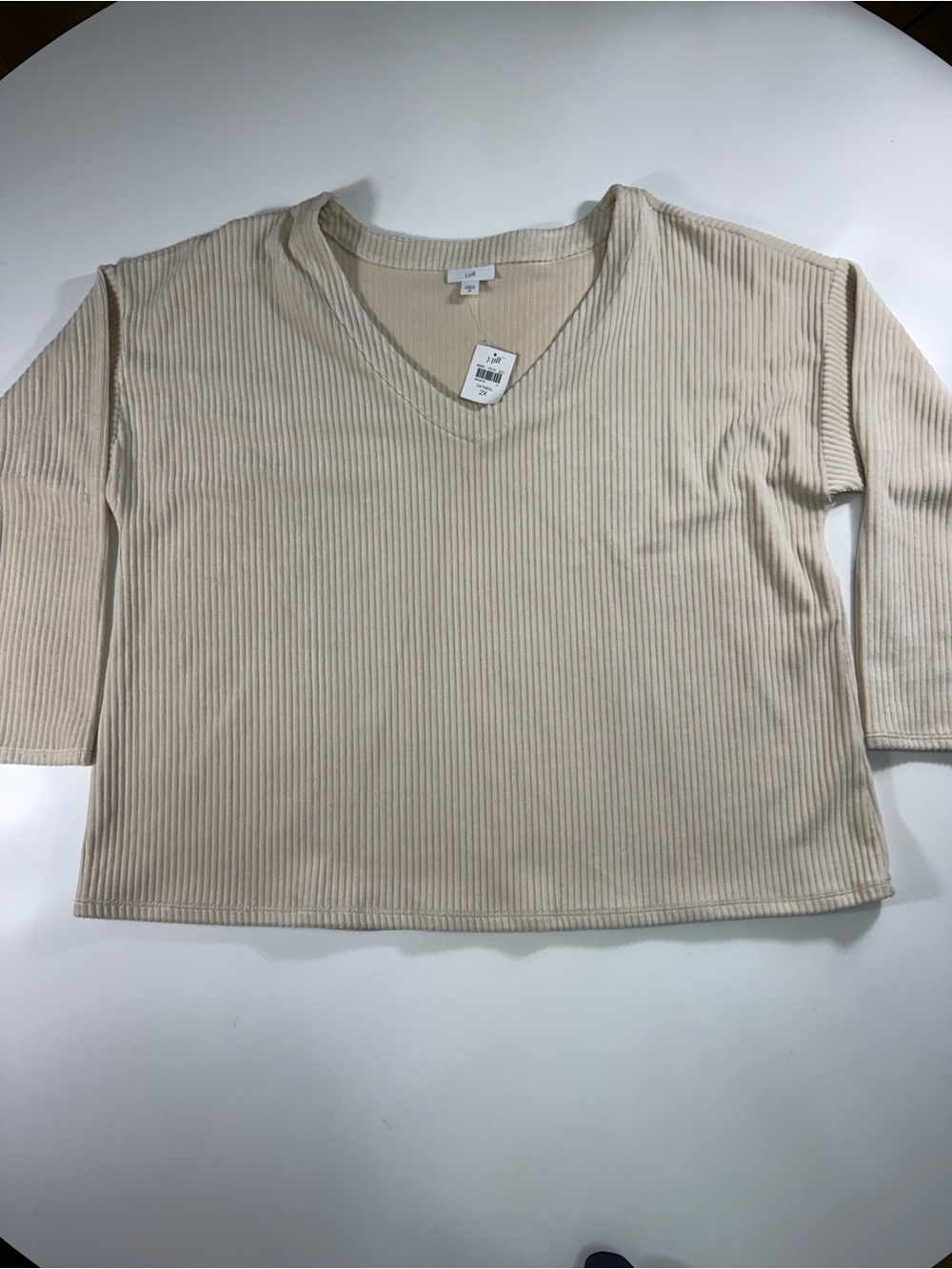 LOFT Cream V-Neck Velvet Ribbed Pullover - Picture 2 of 7